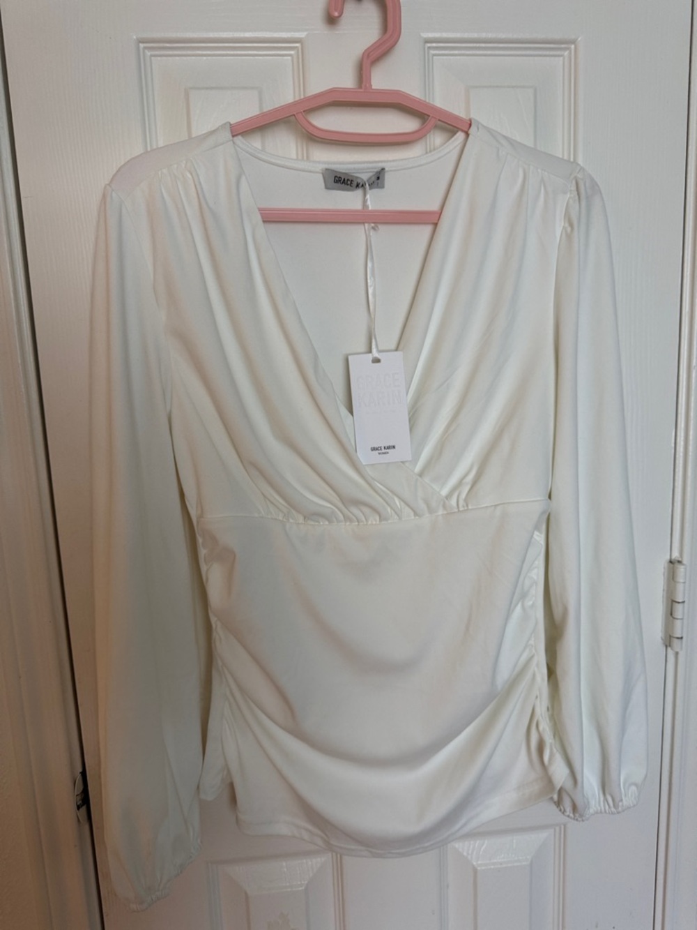 Grace Karin Cream V-Neck Draped Long Sleeve Blouse